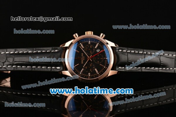 Breitling Transocean Chronograph GMT Swiss Valjoux 7750 Automatic Rose Gold Case with Black Leather Bracelet Stick Markers and Black Dial - Click Image to Close