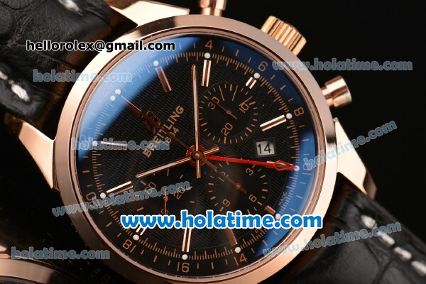 Breitling Transocean Chronograph GMT Swiss Valjoux 7750 Automatic Rose Gold Case with Black Leather Bracelet Stick Markers and Black Dial - Click Image to Close