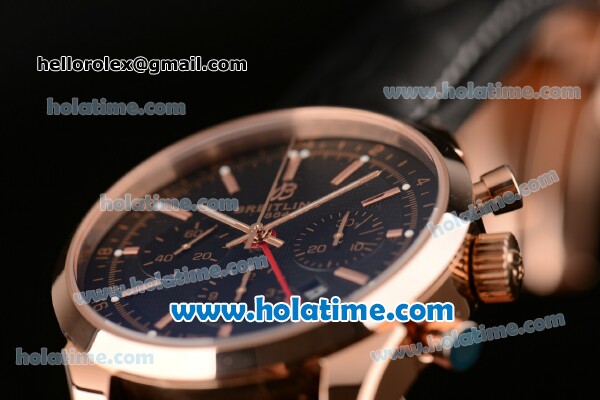 Breitling Transocean Chronograph GMT Swiss Valjoux 7750 Automatic Rose Gold Case with Black Leather Bracelet Stick Markers and Black Dial - Click Image to Close