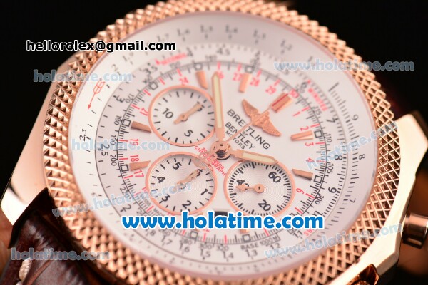 Breitling Bentley Motors Chrono Swiss Valjoux 7750 Automatic Rose Gold Case with Brown Leather Strap Stick Markers and White Dial - Click Image to Close