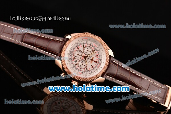 Breitling Bentley Motors Chrono Swiss Valjoux 7750 Automatic Rose Gold Case with Brown Leather Strap Stick Markers and White Dial - Click Image to Close