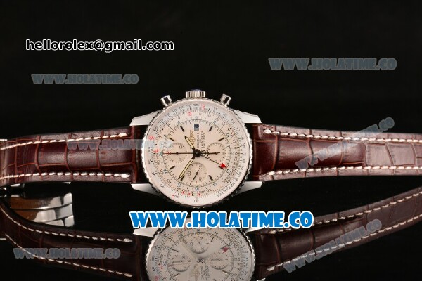 Breitling Navitimer World Chrono Swiss Valjoux 7750 Automatic Steel Case with Brown Leather Strap Stick Markers and White Dial - Click Image to Close