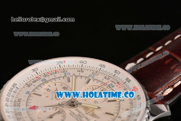 Breitling Navitimer World Chrono Swiss Valjoux 7750 Automatic Steel Case with Brown Leather Strap Stick Markers and White Dial - Click Image to Close