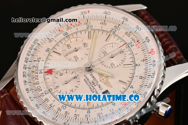 Breitling Navitimer World Chrono Swiss Valjoux 7750 Automatic Steel Case with Brown Leather Strap Stick Markers and White Dial - Click Image to Close