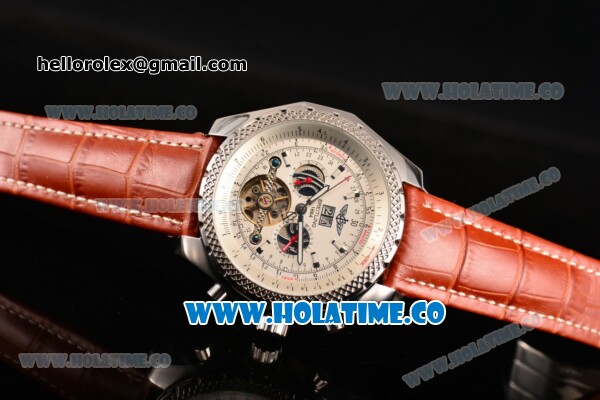 Breitling for Bentley Tourbillon Skeleton Automatic with White Dial and White Bezel-Brown Leather Strap - Click Image to Close
