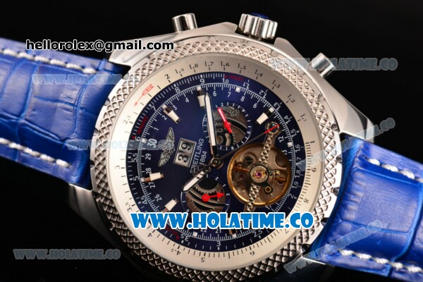 Breitling Bentley Tourbillon Automatic Movement Steel Case with Stick Markers and Blue Leather Strap - Click Image to Close