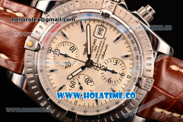 Breitling Chronomat Evolution Swiss Valjoux 7750 Automatic Steel Case with White Dial and Silver Stick Markers (BP) - Click Image to Close
