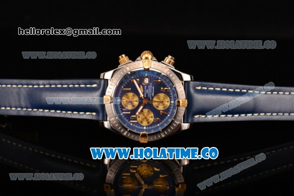 Breitling Chronomat Evolution Swiss Valjoux 7750 Automatic Steel Case with Blue Dial and Yellow Gold Arabic Numeral Markers (BP) - Click Image to Close