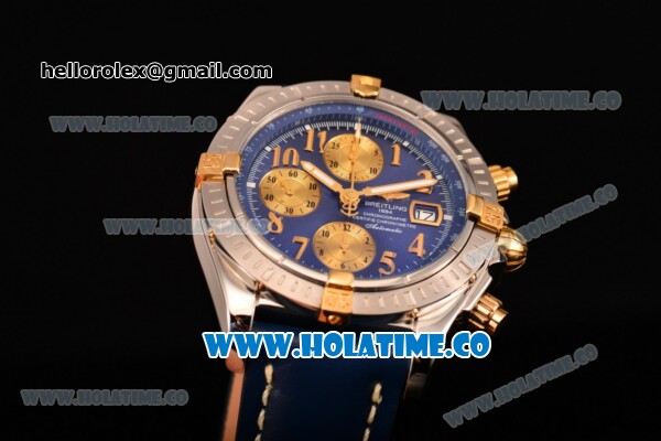 Breitling Chronomat Evolution Swiss Valjoux 7750 Automatic Steel Case with Blue Dial and Yellow Gold Arabic Numeral Markers (BP) - Click Image to Close