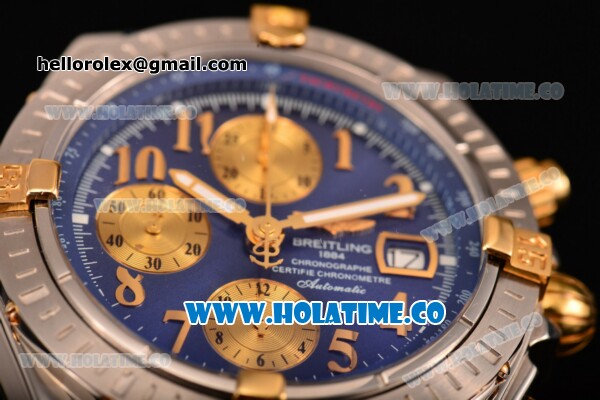 Breitling Chronomat Evolution Swiss Valjoux 7750 Automatic Steel Case with Blue Dial and Yellow Gold Arabic Numeral Markers (BP) - Click Image to Close