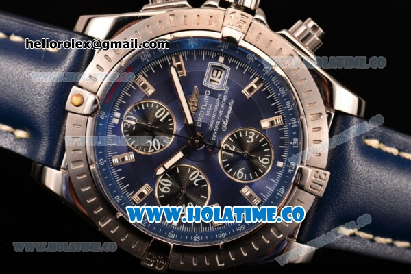 Breitling Chronomat Evolution Swiss Valjoux 7750 Automatic Steel Case with Blue Dial and Silver Stick Markers (BP) - Click Image to Close