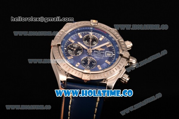 Breitling Chronomat Evolution Swiss Valjoux 7750 Automatic Steel Case with Blue Dial and Silver Stick Markers (BP) - Click Image to Close