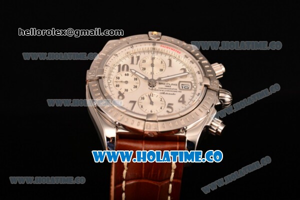Breitling Chronomat Evolution Swiss Valjoux 7750 Automatic Steel Case with White Dial and Silver Arabic Numeral Markers (BP) - Click Image to Close