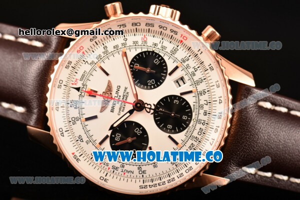 Breitling Navitimer 01 Chrono Swiss Valjoux 7750 Automatic Rose Gold Case with White Dial Brown Leather Strap and Stick Markers - 1:1 Original (JF) - Click Image to Close