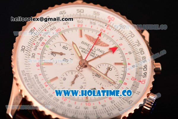 Breitling Navitimer GMT Chrono Swiss Valjoux 7750 Automatic Rose Gold Case with White Dial Stick Markers and Brown Leather Strap - Click Image to Close
