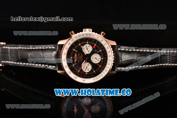 Breitling Navitimer GMT Chrono Swiss Valjoux 7750 Automatic Rose Gold Case with Black Dial Stick Markers and Black Leather Strap - Click Image to Close
