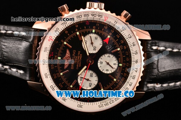 Breitling Navitimer GMT Chrono Swiss Valjoux 7750 Automatic Rose Gold Case with Black Dial Stick Markers and Black Leather Strap - Click Image to Close