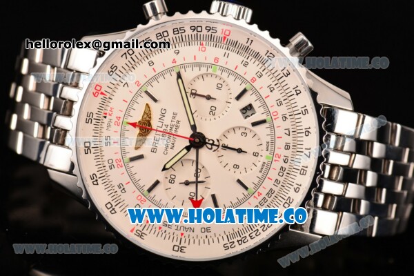 Breitling Navitimer GMT Chrono Swiss Valjoux 7750 Automatic Full Steel with White Dial and Stick Markers - Click Image to Close