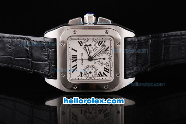 Cartier Santos 100 Swiss Valjoux 7750 Automatic Movement Silver Case with White Dial and Black Leather Strap - Click Image to Close