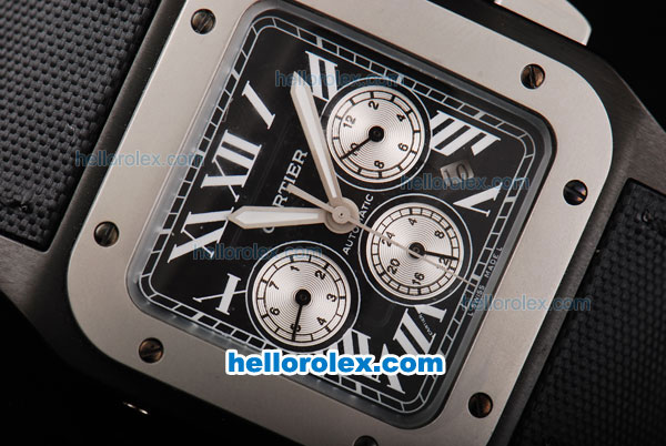 Cartier Santos 100 Automatic Movement PVD Case with Black Dial and White Rome Numeral Marker/Subdials-Black Leather Strap - Click Image to Close