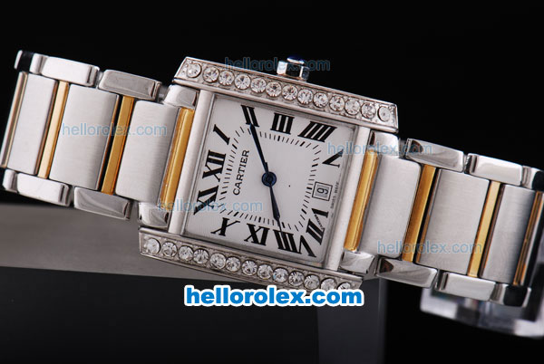 Cartier Tank Quartz Movement Diamond Bezel with White Dial and Two Tone Strap - Click Image to Close