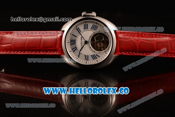 Cartier Cle de Cartier Swiss Tourbillon Manual Winding Steel Case with White Dial and Red Leather Strap - Click Image to Close