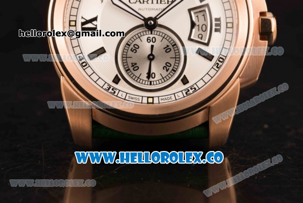 Cartier Calibre De Cartier Miyota 9015 Automatic Rose Gold Case with White Dial and Green Leather Strap - Click Image to Close