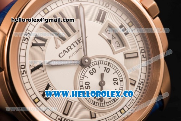 Cartier Calibre De Cartier Miyota 9015 Automatic Rose Gold Case with White Dial and Blue Leather Strap - Click Image to Close