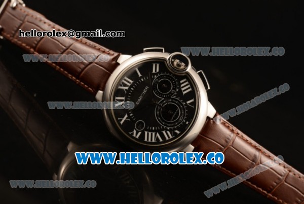 Cartier Ballon Bleu De Chrono Swiss Valjoux 7750 Automatic Steel Case with Black Dial Roman Numeral Markers and Genuine Leather Strap - Click Image to Close