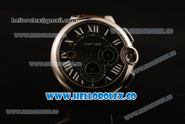 Cartier Ballon Bleu De Chrono Swiss Valjoux 7750 Automatic Steel Case with Black Dial Roman Numeral Markers and Genuine Leather Strap - Click Image to Close