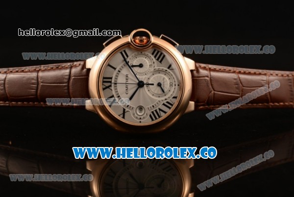 Cartier Ballon Bleu De Chrono Swiss Valjoux 7750 Automatic Rose Gold Case with White Dial Roman Numeral Markers and Genuine Leather Strap - Click Image to Close