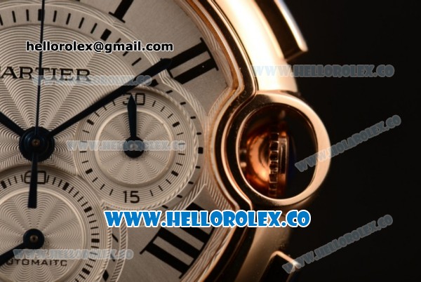 Cartier Ballon Bleu De Chrono Swiss Valjoux 7750 Automatic Rose Gold Case with White Dial Roman Numeral Markers and Genuine Leather Strap - Click Image to Close