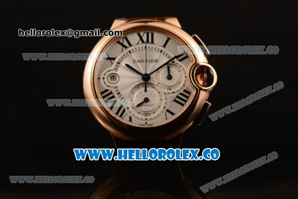 Cartier Ballon Bleu De Chrono Swiss Valjoux 7750 Automatic Rose Gold Case with White Dial Roman Numeral Markers and Genuine Leather Strap - Click Image to Close