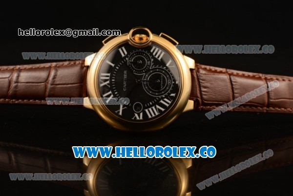 Cartier Ballon Bleu De Chrono Swiss Valjoux 7750 Automatic Yellow Gold Case with Black Dial Roman Numeral Markers and Genuine Leather Strap - Click Image to Close