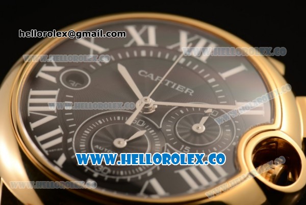 Cartier Ballon Bleu De Chrono Swiss Valjoux 7750 Automatic Yellow Gold Case with Black Dial Roman Numeral Markers and Genuine Leather Strap - Click Image to Close