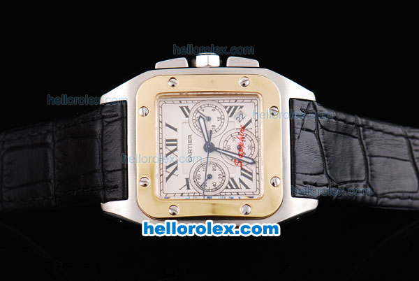 Cartier Santos 100 Quartz Movement Silver Case-Gold Bezel with White Dial-Sapphire Crystal Glass Face and Black Leather Strap - Click Image to Close