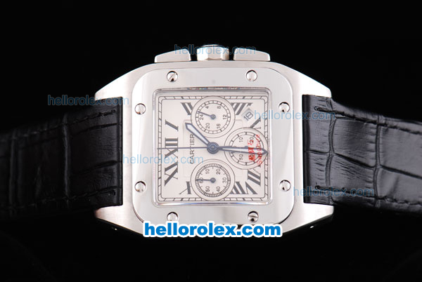 Cartier Santos 100 Quartz Movement Silver Case with White Dial-Sapphire Crystal Glass Face and Black Leather Strap - Click Image to Close