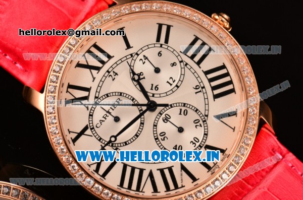 Cartier Ronde Louis Cartier Miyota 1L45 Quartz Rose Gold Case with Red Leather Strap and Diamonds Bezel - Click Image to Close