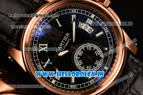 Cartier Calibre De Asia ST16 Automatic Rose Gold Case with Black Leather Strap Roman Numeral Markers and Black Dial - Click Image to Close