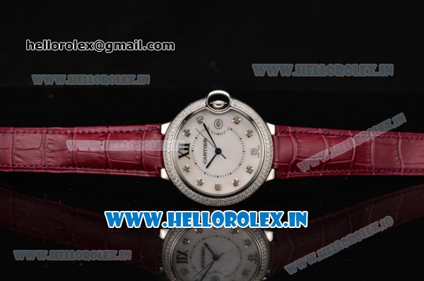 Cartier Ballon Bleu De Large Miyota Quartz Steel Case with Diamonds Bezel White MOP Dial and Burgundy Leather Strap - Click Image to Close