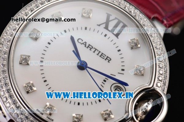 Cartier Ballon Bleu De Large Miyota Quartz Steel Case with Diamonds Bezel White MOP Dial and Burgundy Leather Strap - Click Image to Close