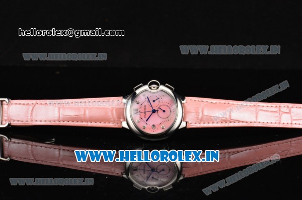 Cartier Ballon Bleu De Medium Chrono Miyota OS20 Quartz Steel Case with Pink Leather Strap Diamonds Markers and Pink MOP Dial - Click Image to Close