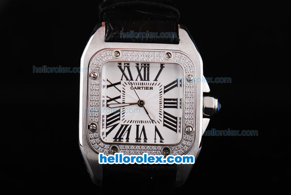 Cartier Santos 100 Automatic Diamond Bezel with White Dial and White Case -Roman Numerals Marking-Black Leather Strap - Click Image to Close