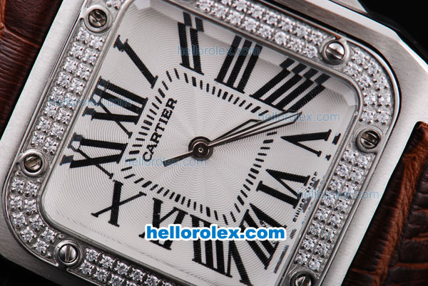 Cartier santos 100 Automatic with Diamond Bezel and White Case-White Dial-Roman Markers-Brown Leather Strap - Click Image to Close