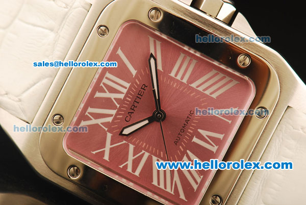 Cartier Santos 100 1:1 Original Swiss ETA 2671 Automatic Movement Pink Dial with White Roman Markers and White Leather Strap - Click Image to Close