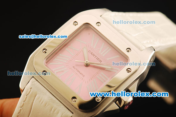 Cartier Santos 100 1:1 Original Swiss ETA 2671 Automatic Movement Pink Dial with White Roman Markers and White Leather Strap - Click Image to Close