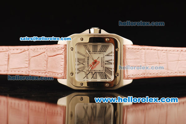 Cartier Santos 100 1:1 Original Swiss ETA 2671 Automatic Movement Silver Dial with Roman Markers and Pink Leather Strap - Click Image to Close