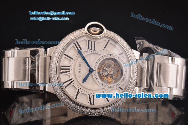 Cartier Ballon Bleu Tourbillon Seagull St8001 Tourbillon Manual Winding Steel Case/Strap with Diamond Bezel and White Dial - Click Image to Close