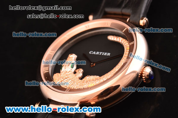 Cartier Le Cirque Animalier de Cartier Miyota OS2035 Quarz Rose Gold Case with Black Dial and Black Leather Strap - Click Image to Close