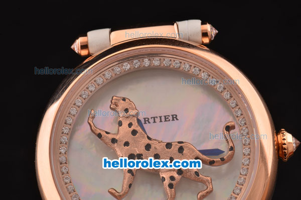 Cartier Le Cirque Animalier de Cartier Swiss Quartz Rose Gold Case with White MOP Dial and White Leather Strap - Click Image to Close